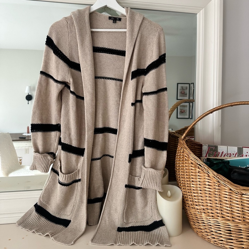 Y2K Striped Beige & Black Women's Sweater Cardigan